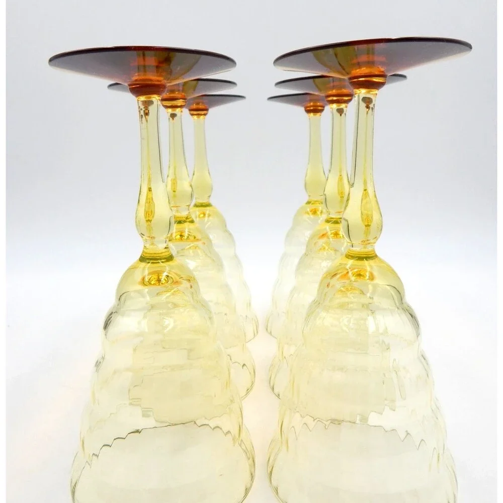 Utility Glass Works Cambodia Ware Wine Water Goblet Vaseline Amber Foot S/6